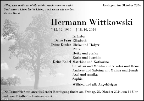Traueranzeige von Hermann Wittkowski von Schwäbische Post