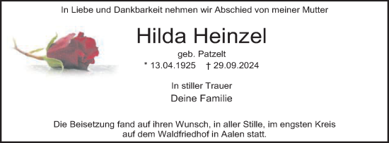 Traueranzeige von Hilda Heinzel von Schwäbische Post