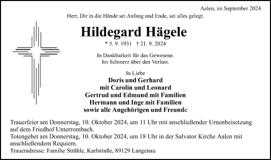 Traueranzeige von Hildegard Hägele von Schwäbische Post