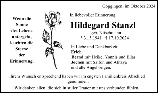 Traueranzeige von Hildegard Stanzl von Gmünder Tagespost
