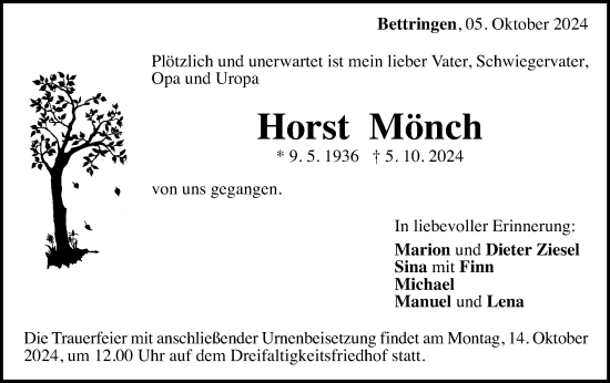 Traueranzeige von Horst Mönch von Gmünder Tagespost