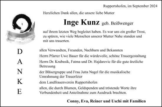 Traueranzeige von Inge Kunz von Gmünder Tagespost