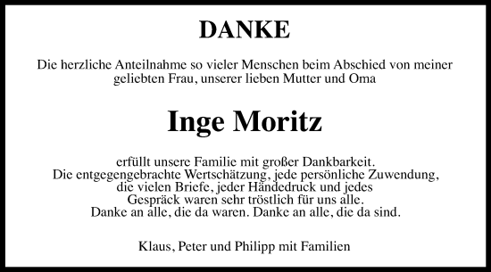 Traueranzeige von Inge Moritz von Gmünder Tagespost