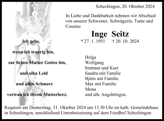 Traueranzeige von Inge Seitz