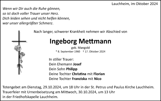 Traueranzeige von Ingeborg Mettmann von Schwäbische Post
