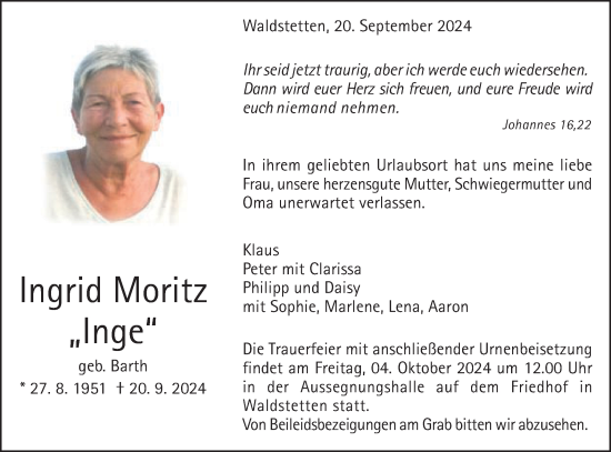 Traueranzeige von Ingrid Moritz von Gmünder Tagespost