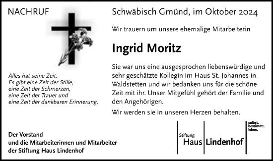 Traueranzeige von Ingrid Moritz von Gmünder Tagespost