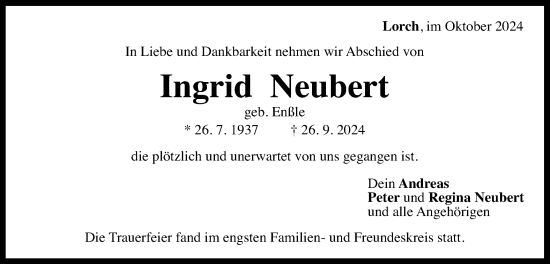 Traueranzeige von Ingrid Neubert von Gmünder Tagespost