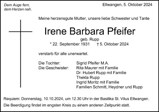 Traueranzeige von Irene Barbara Pfeifer von Schwäbische Post