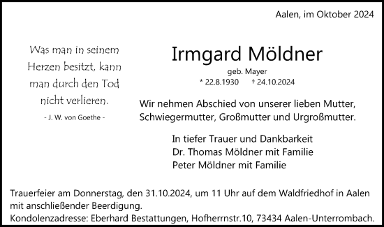 Traueranzeige von Irmgard Möldner von Schwäbische Post