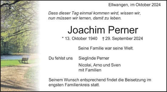 Traueranzeige von Joachim Perner von Schwäbische Post