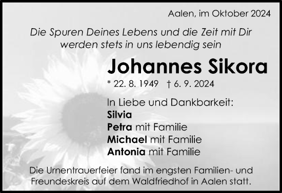 Traueranzeige von Johannes Sikora von Schwäbische Post