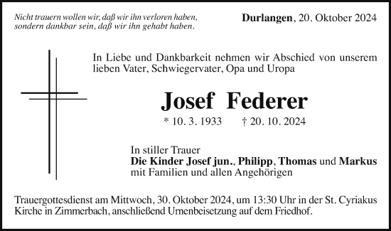 Traueranzeige von Josef Federer von Gmünder Tagespost