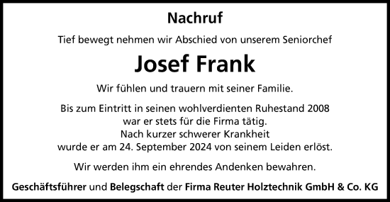 Traueranzeige von Josef Frank von Schwäbische Post