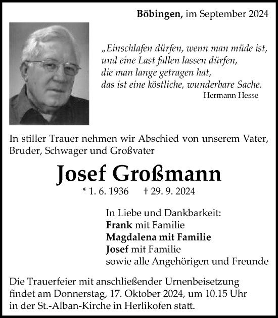 Traueranzeige von Josef Großmann von Gmünder Tagespost