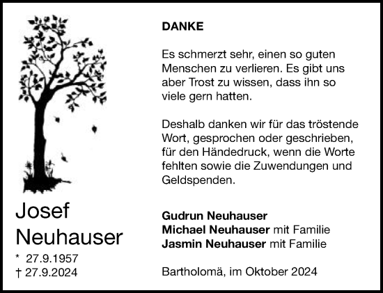 Traueranzeige von Josef Neuhauser von Gmünder Tagespost