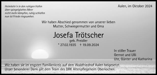 Traueranzeige von Josefa Trötscher von Schwäbische Post