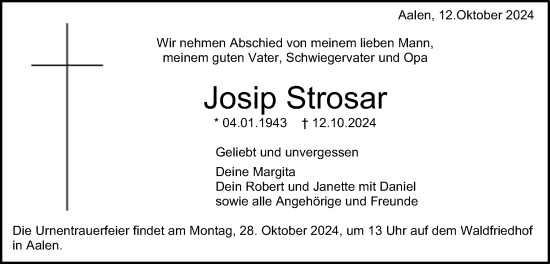 Traueranzeige von Josip Strosar von Schwäbische Post