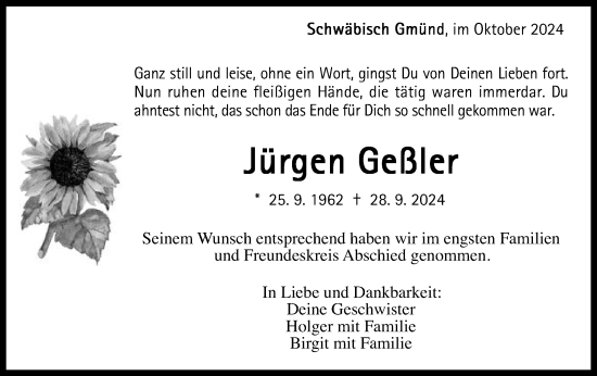 Traueranzeige von Jürgen Geßler von Gmünder Tagespost