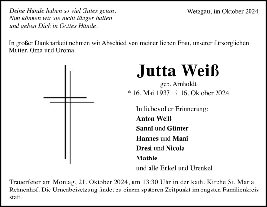 Traueranzeige von Jutta Weiß von Gmünder Tagespost