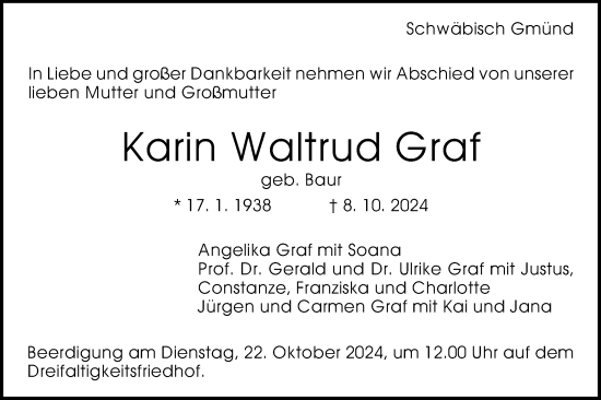 Traueranzeige von Karin Waltrud Graf von Gmünder Tagespost