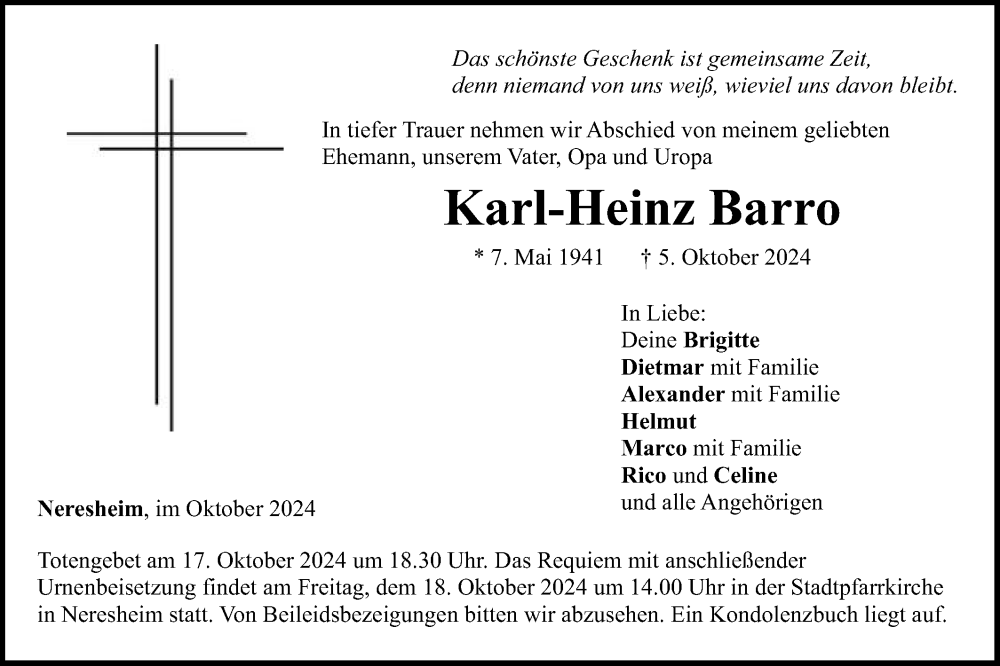 Traueranzeige für Karl-Heinz Barro vom 15.10.2024 aus Schwäbische Post