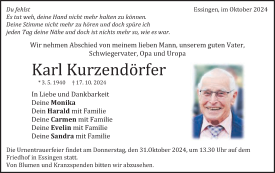 Traueranzeige von Karl Kurzendörfer von Schwäbische Post