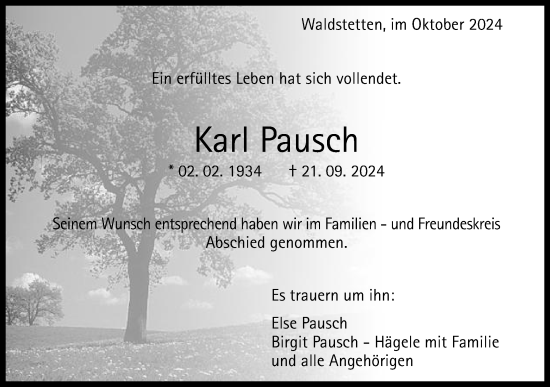 Traueranzeige von Karl Pausch von Gmünder Tagespost