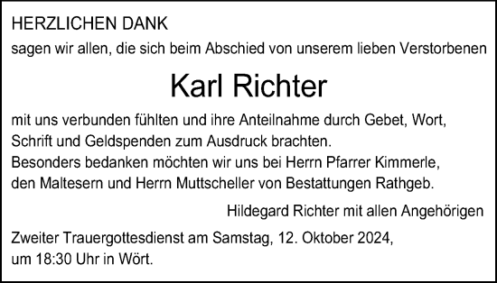 Traueranzeige von Karl Richter von Schwäbische Post
