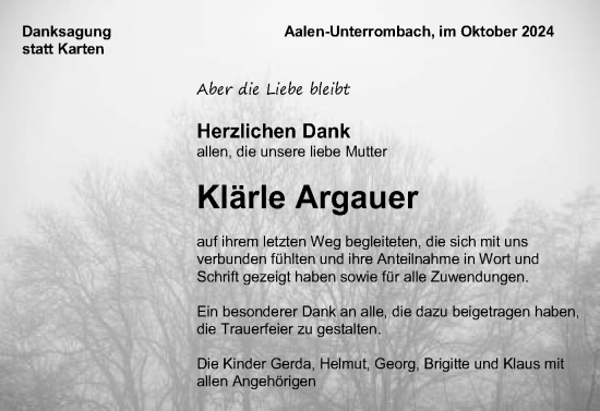 Traueranzeige von Klärle Argauer von Schwäbische Post