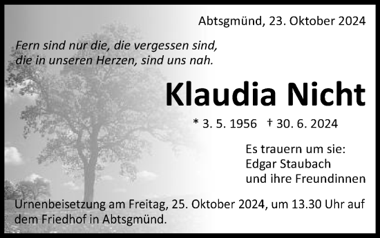 Traueranzeige von Klaudia Nicht von Schwäbische Post