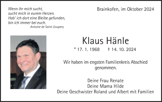 Traueranzeige von Klaus Hänle von Gmünder Tagespost