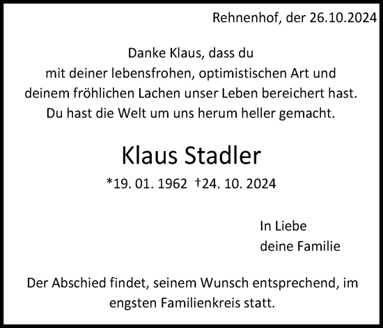 Traueranzeige von Klaus Stadler von Gmünder Tagespost