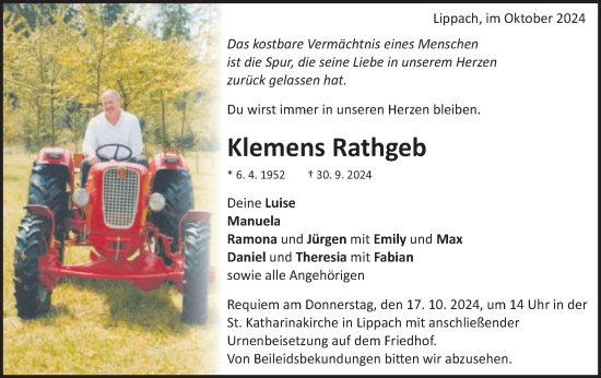 Traueranzeige von Klemens Rathgeb von Schwäbische Post