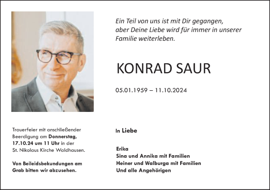 Traueranzeige von Konrad Saur von Schwäbische Post