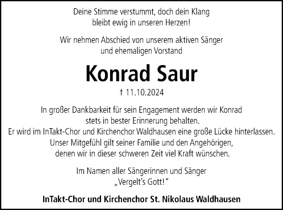 Traueranzeige von Konrad Saur von Schwäbische Post