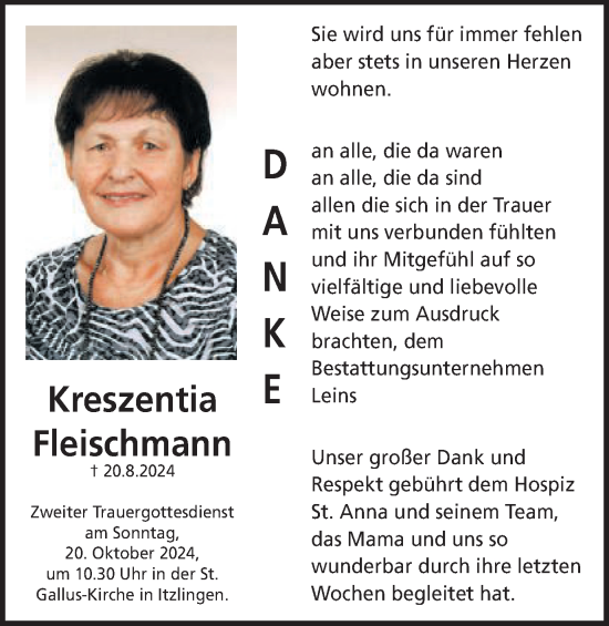 Traueranzeige von Kreszentia Fleischmann von Schwäbische Post