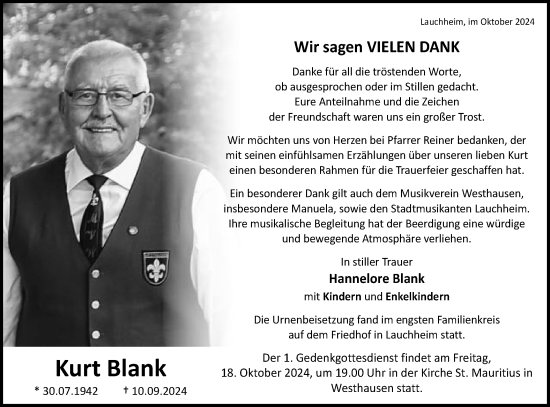 Traueranzeige von Kurt Blank von Schwäbische Post