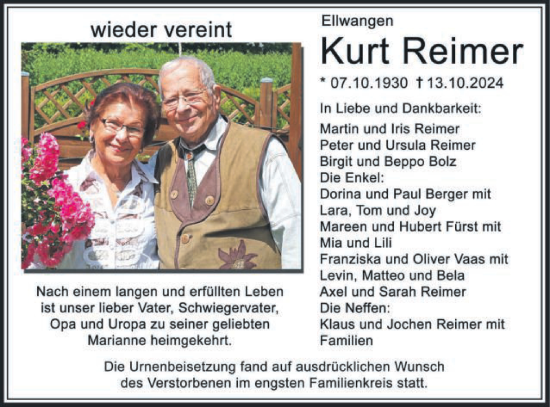 Traueranzeige von Kurt Reimer von Schwäbische Post