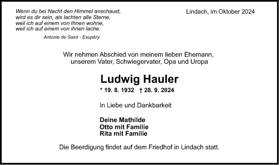 Traueranzeige von Ludwig Hauler von Gmünder Tagespost