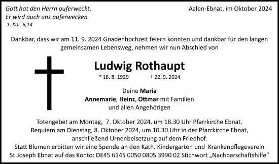 Traueranzeige von Ludwig Rothaupt von Schwäbische Post