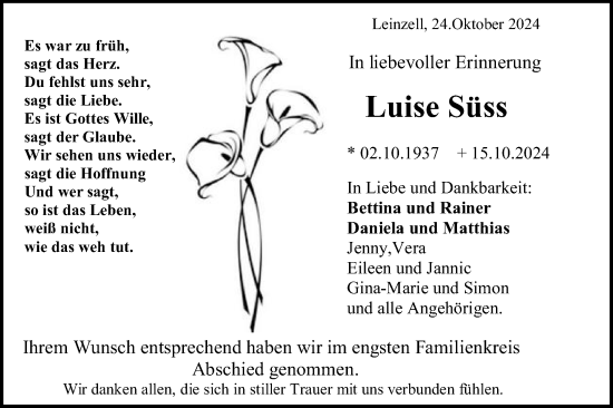 Traueranzeige von Luise Süss von Gmünder Tagespost