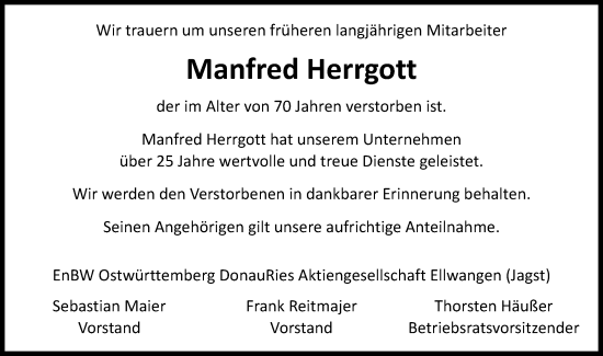 Traueranzeige von Manfred Herrgott von Schwäbische Post