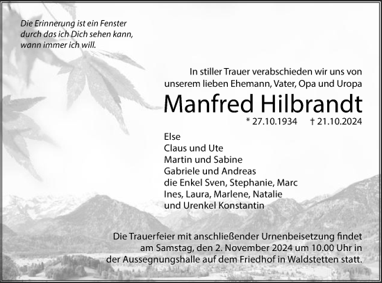Traueranzeige von Manfred Hilbrandt von Gmünder Tagespost