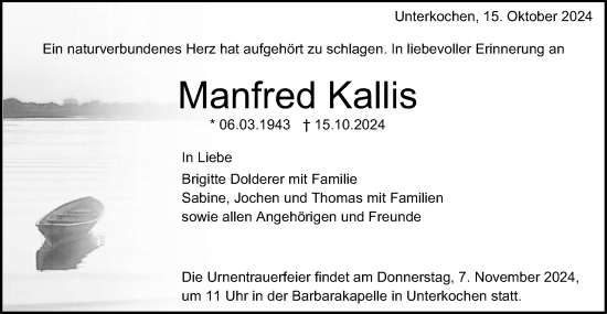 Traueranzeige von Manfred Kallis von Schwäbische Post