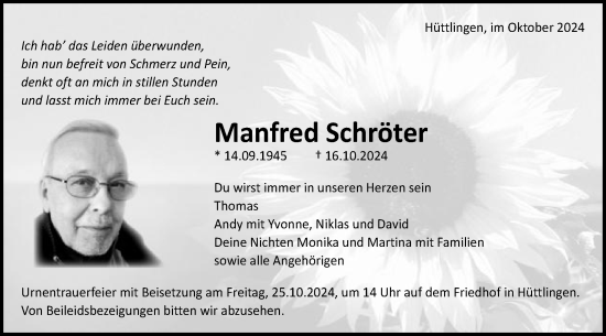 Traueranzeige von Manfred Schröter von Schwäbische Post