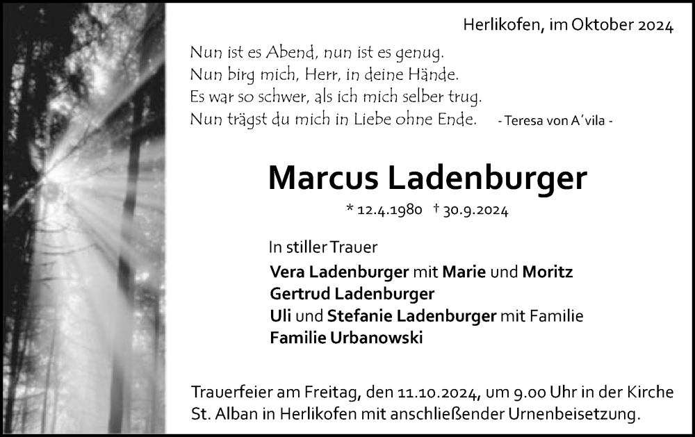  Traueranzeige für Marcus Ladenburger vom 09.10.2024 aus Gmünder Tagespost