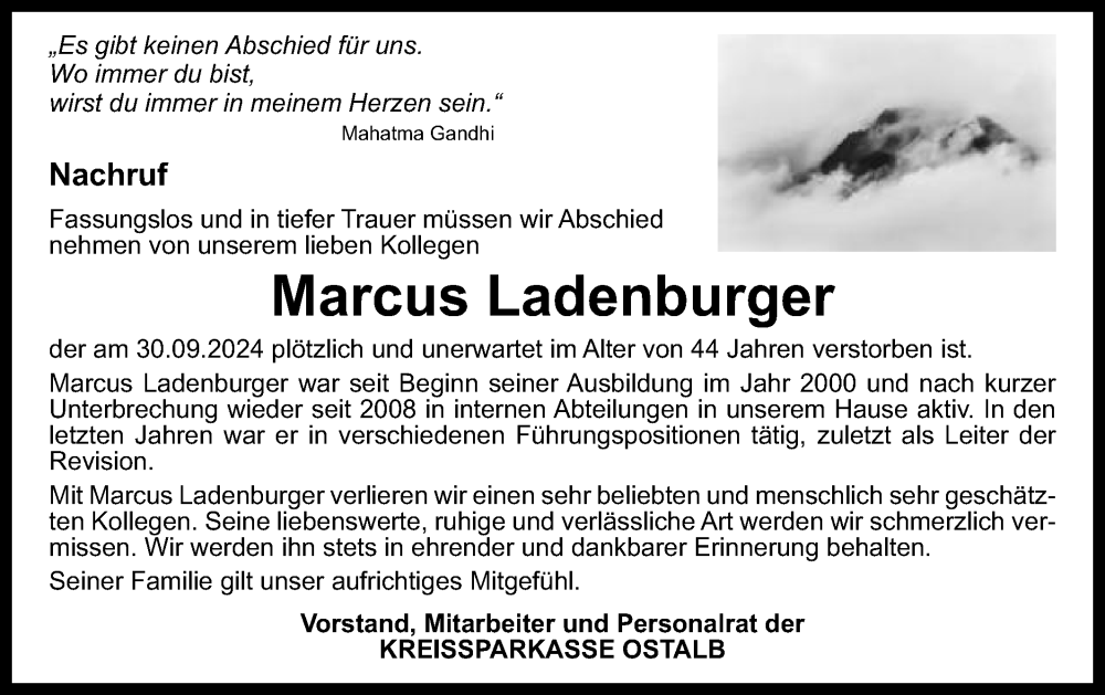  Traueranzeige für Marcus Ladenburger vom 09.10.2024 aus Gmünder Tagespost
