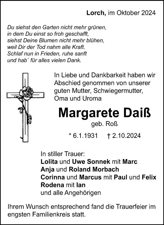 Traueranzeige von Margarete Daiß von Gmünder Tagespost