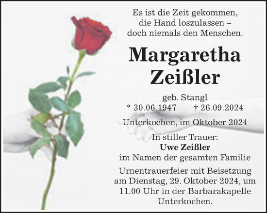 Traueranzeige von Margaretha Zeißler von Schwäbische Post